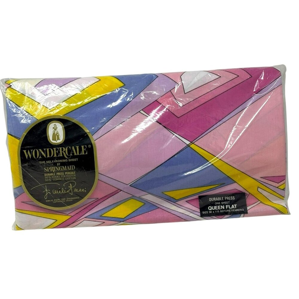 SPRINGMAID Emilio Pucci Vintage Queen Flat Sheet NOS Pink Blue Wondercale USA